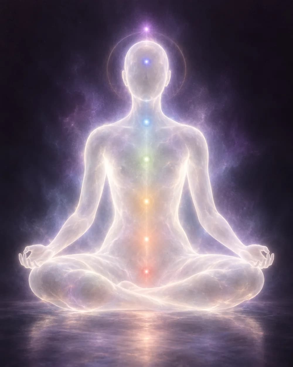 Representação artística de uma pessoa em meditação, com sete pontos de luz do topo da cabeça à base da coluna.