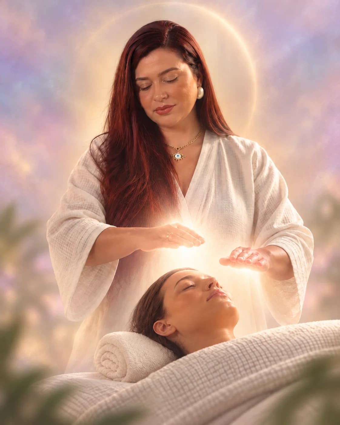 Mãe Fran em uma aplicação de Reiki, na fotografia artística da campanha.